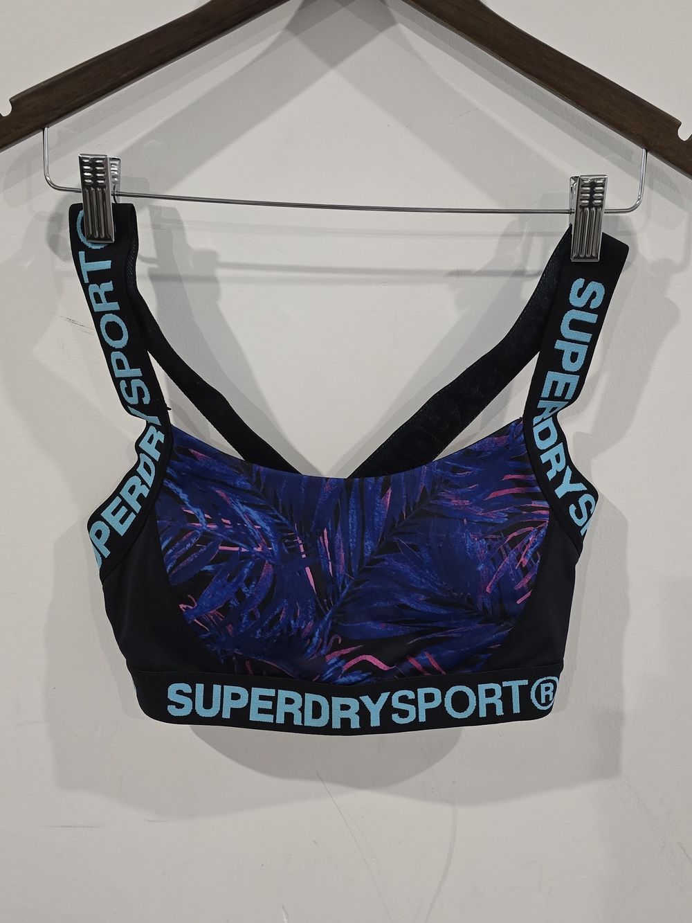 Superdry Black Sports Bra with Blue & Purple Palm Print